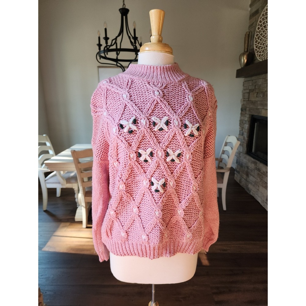 VTG 90s Huntington Ridge Pink Cable Knit Cottagecore Sweater Medium‎